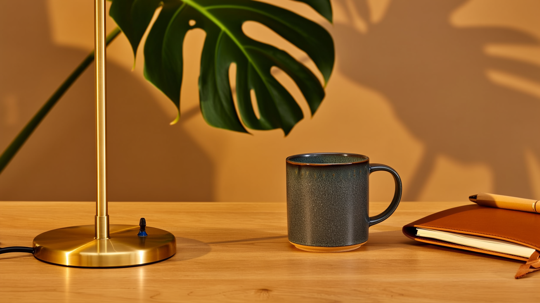 Detal mosiężnej lampy, monstera w ceramicznej donicy i organizacja na zabudowanych półkach