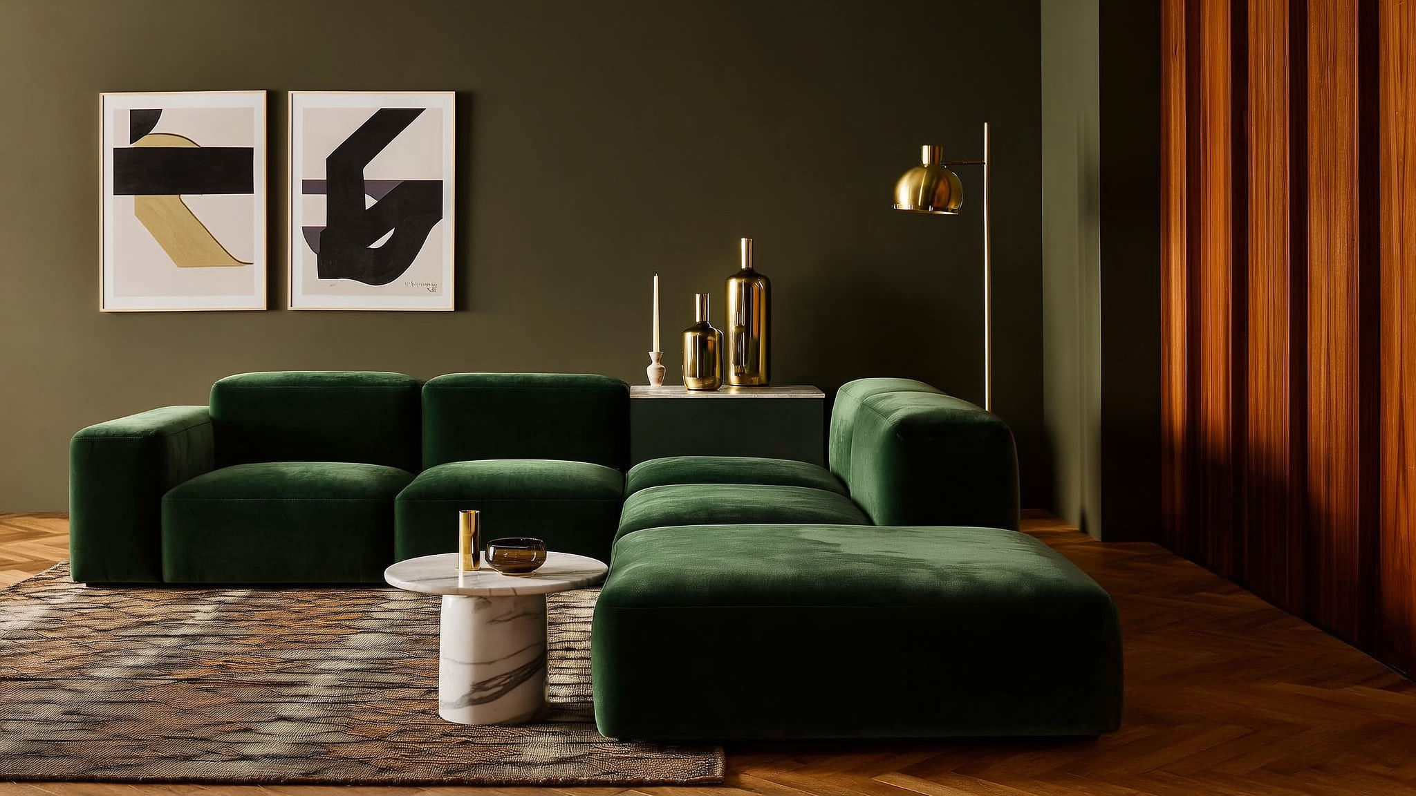 Modularna sofa z ciemnozielonego aksamitu, marmurowy stolik i abstrakcyjny obraz na ścianie